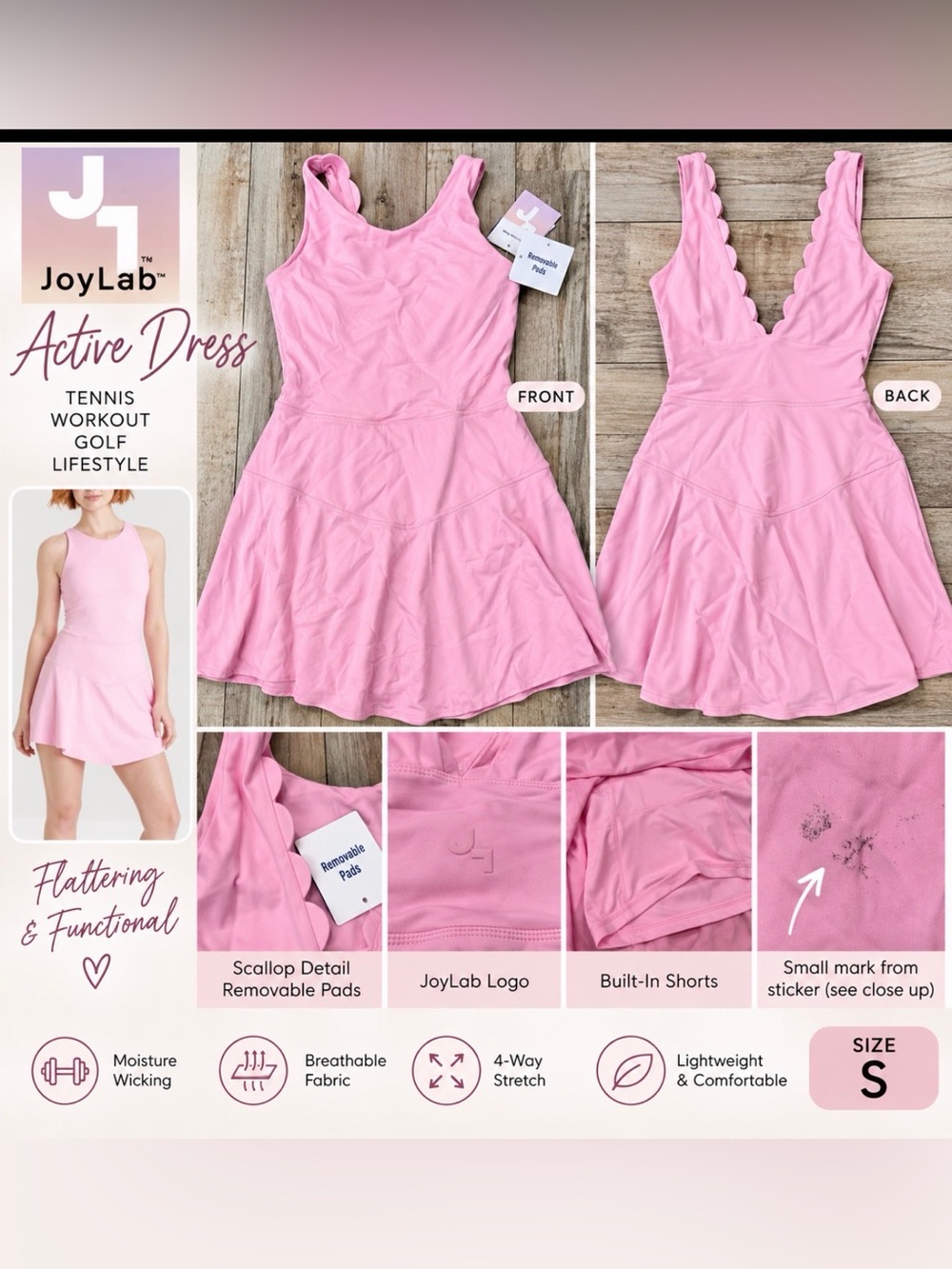 JoyLab Pink Active Dress Size Small NWT – Built-In Shorts & Removable Pads